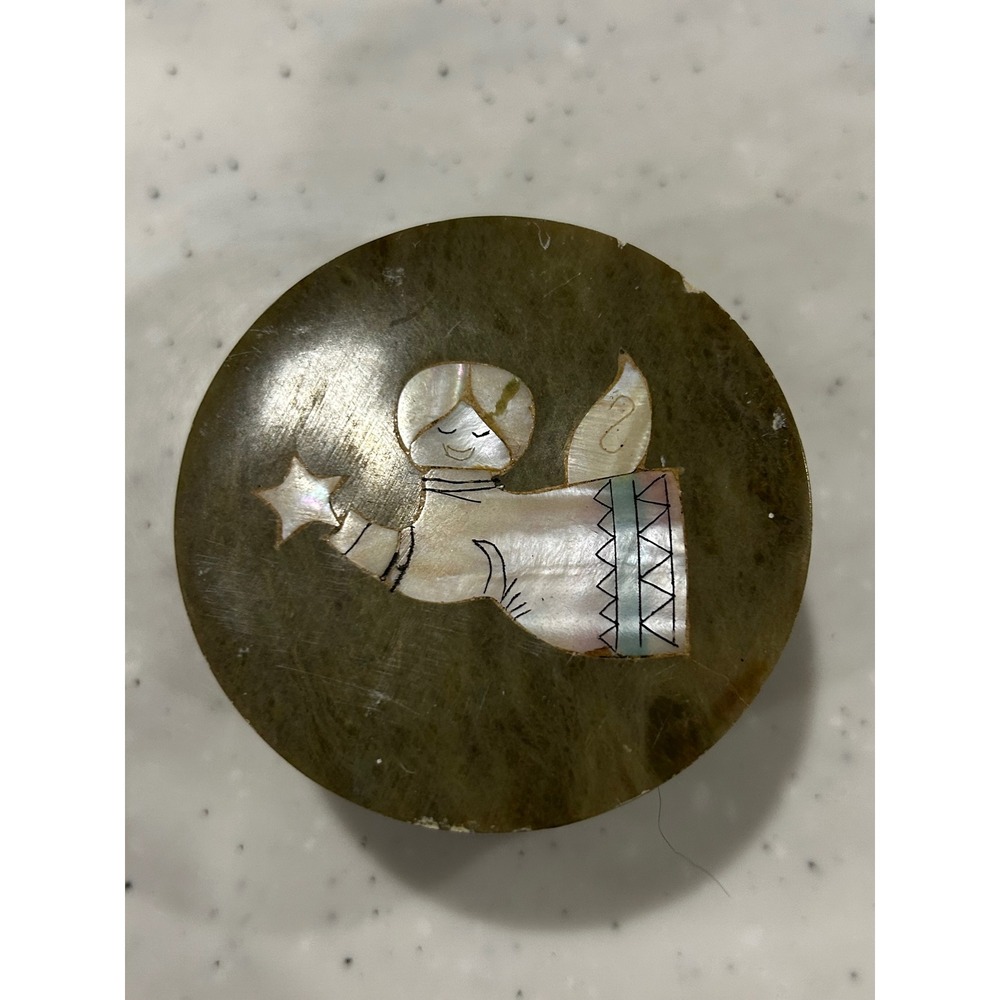 Vintage Soapstone Trinket Box Mother of Pearl Angel Inlay Green Stone 2.5"